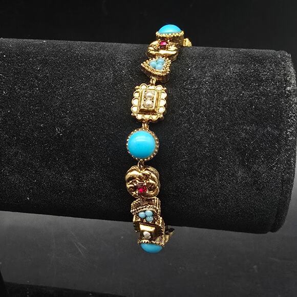 Arthur Pepper Bracelet Gold Tone Blue Red Faux Pearl Vintage Jewelry - Picture 1 of 9